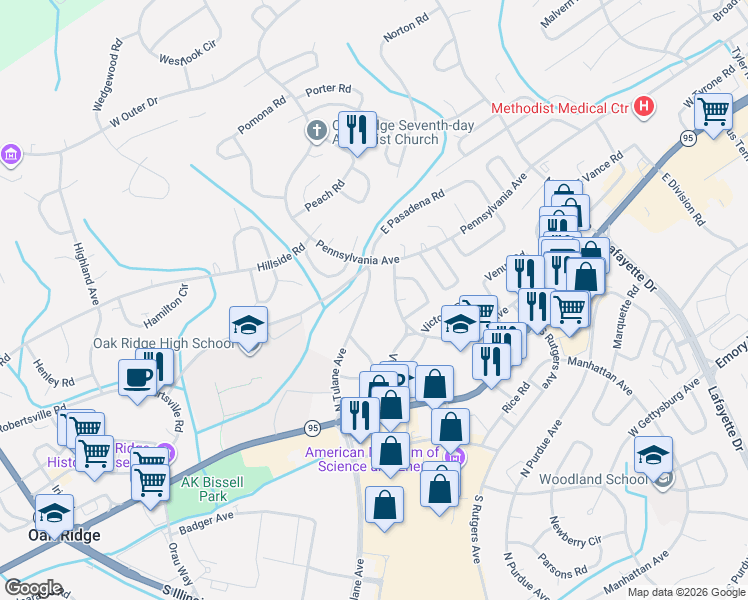 map of restaurants, bars, coffee shops, grocery stores, and more near 234 North Tulane Avenue in Oak Ridge