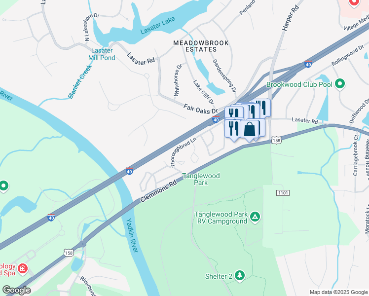 map of restaurants, bars, coffee shops, grocery stores, and more near 4010 Whirlaway Court in Clemmons
