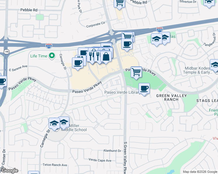 map of restaurants, bars, coffee shops, grocery stores, and more near 251 South Green Valley Parkway in Henderson