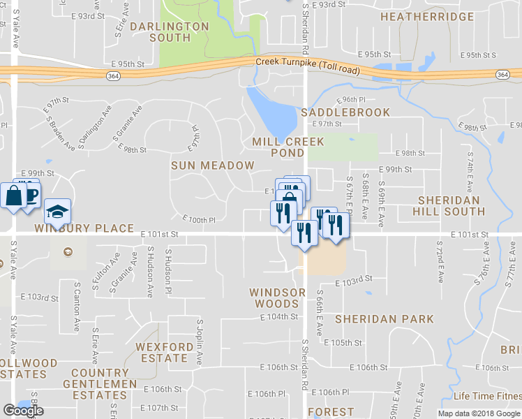 map of restaurants, bars, coffee shops, grocery stores, and more near 6100 East 100th Place South in Tulsa