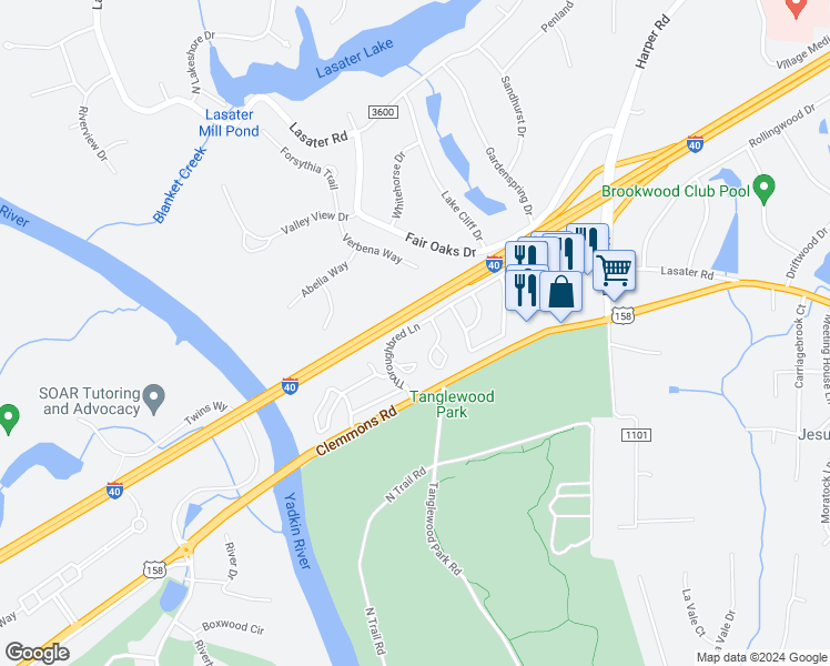 map of restaurants, bars, coffee shops, grocery stores, and more near 5020 Thoroughbred Lane in Clemmons