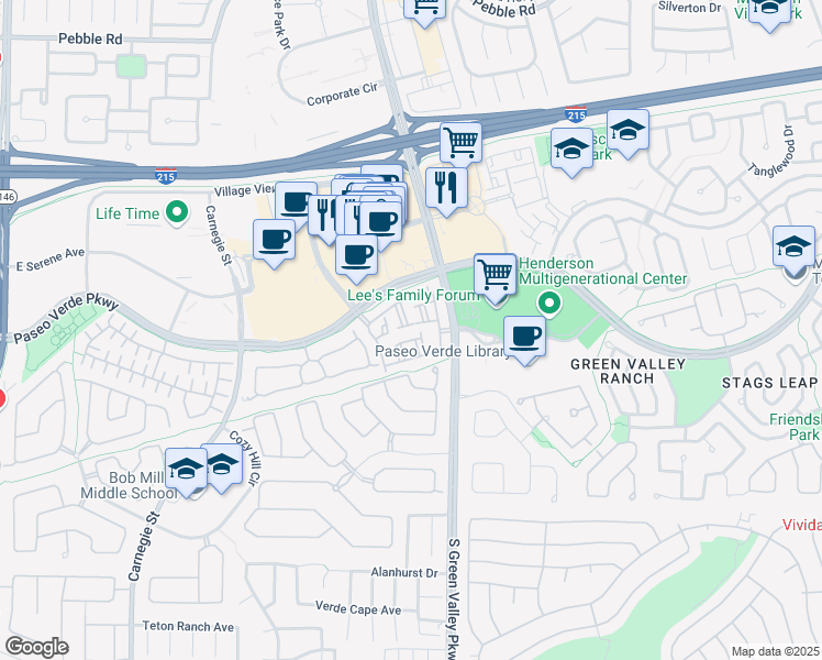 map of restaurants, bars, coffee shops, grocery stores, and more near 251 South Green Valley Parkway in Henderson