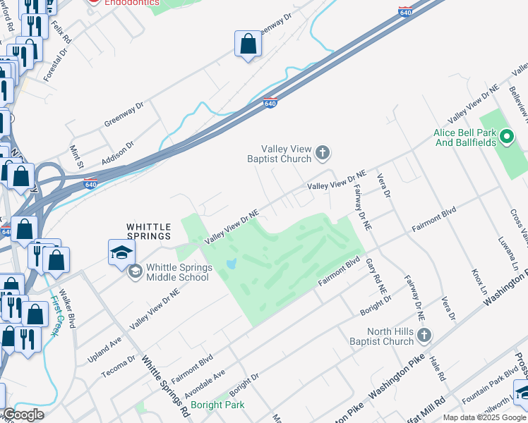 map of restaurants, bars, coffee shops, grocery stores, and more near 3330 Valley View Drive Northeast in Knoxville