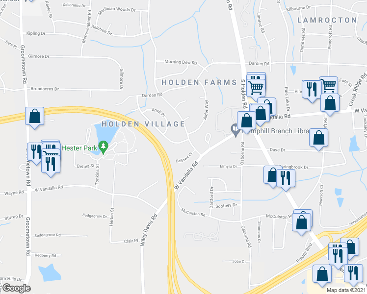 map of restaurants, bars, coffee shops, grocery stores, and more near 12 Bellows Court in Greensboro