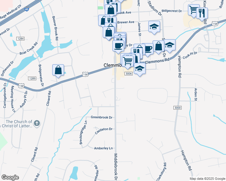 map of restaurants, bars, coffee shops, grocery stores, and more near 6700 Village Brook Trail in Clemmons