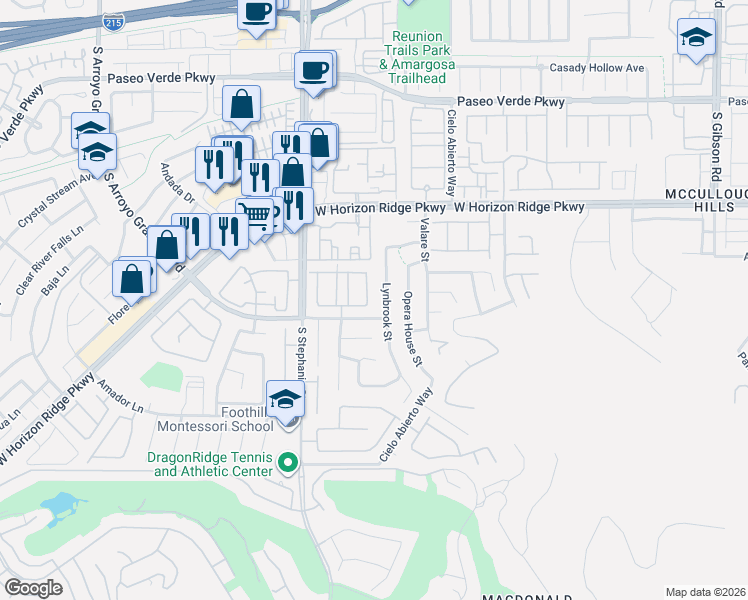 map of restaurants, bars, coffee shops, grocery stores, and more near 219 Lynbrook Street in Henderson