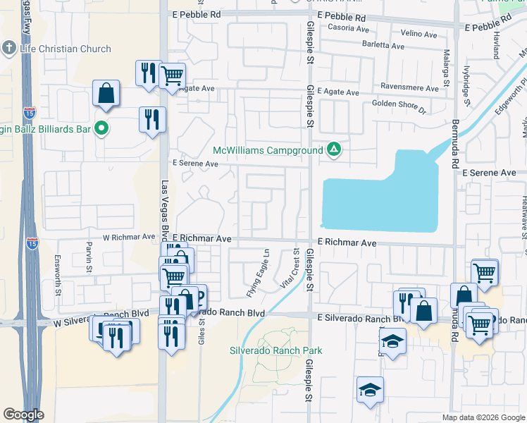 map of restaurants, bars, coffee shops, grocery stores, and more near 114 Arbor Creek Court in Las Vegas