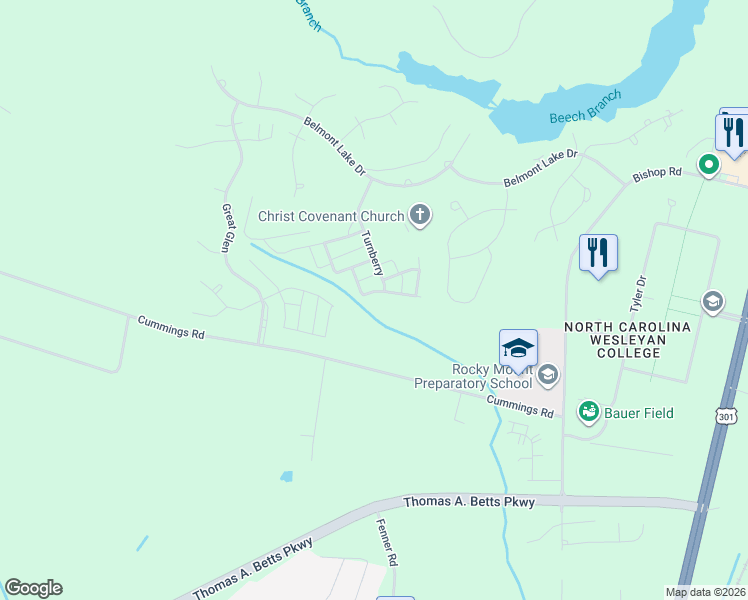 map of restaurants, bars, coffee shops, grocery stores, and more near 135 Montrose in Rocky Mount