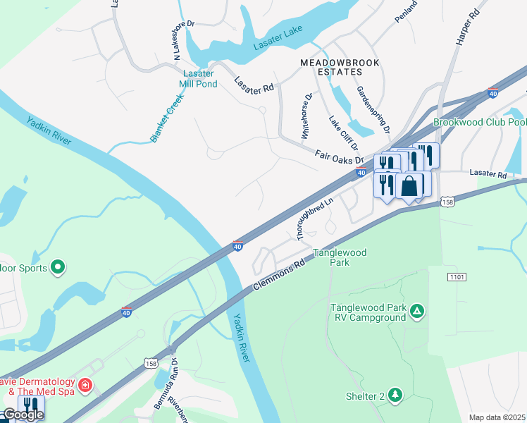 map of restaurants, bars, coffee shops, grocery stores, and more near 3788 Peony Way in Clemmons