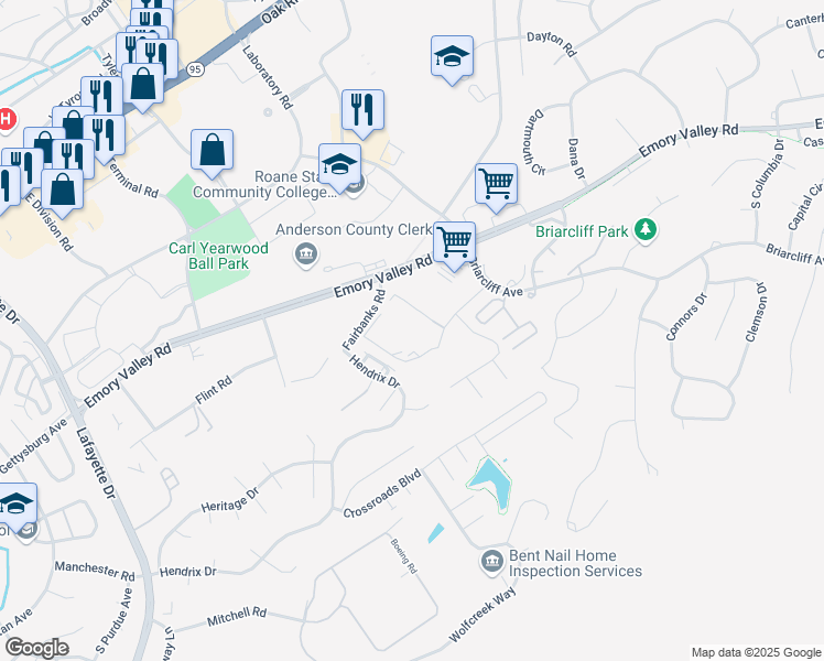 map of restaurants, bars, coffee shops, grocery stores, and more near 204 Elmhurst Drive in Oak Ridge
