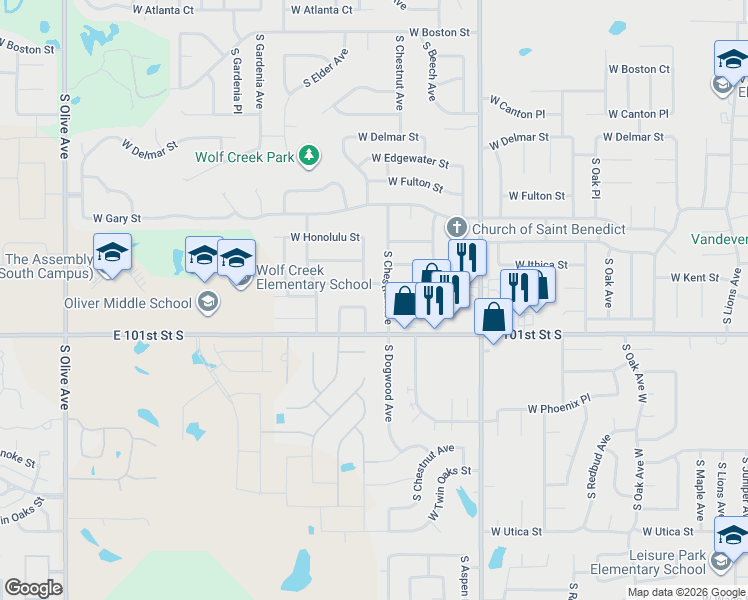 map of restaurants, bars, coffee shops, grocery stores, and more near 3415 South Dogwood Avenue in Broken Arrow
