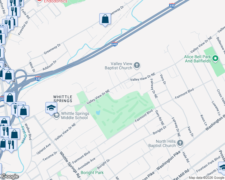 map of restaurants, bars, coffee shops, grocery stores, and more near 3330 Valley View Drive Northeast in Knoxville