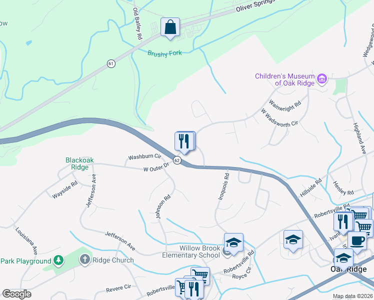 map of restaurants, bars, coffee shops, grocery stores, and more near 346 North Illinois Avenue in Oak Ridge