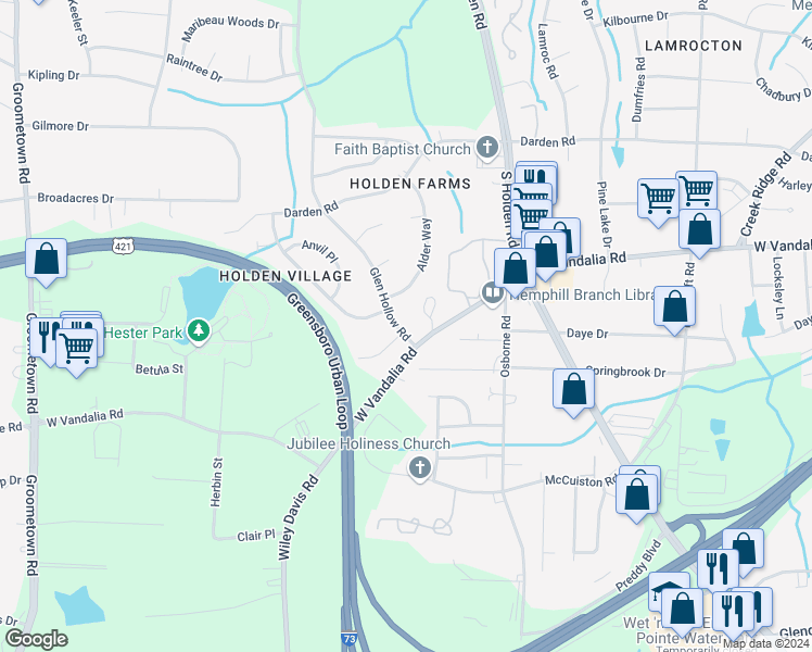 map of restaurants, bars, coffee shops, grocery stores, and more near 3409 Glen Hollow Road in Greensboro