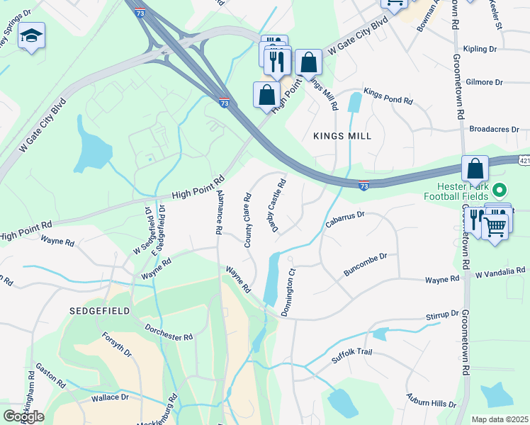 map of restaurants, bars, coffee shops, grocery stores, and more near 4512 Danby Castle Road in Greensboro
