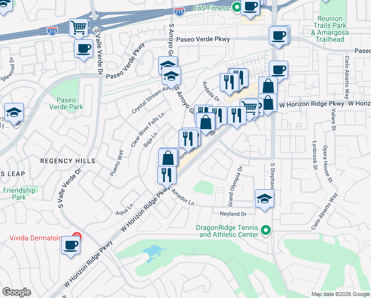 map of restaurants, bars, coffee shops, grocery stores, and more near 1684 Flores Lane in Henderson