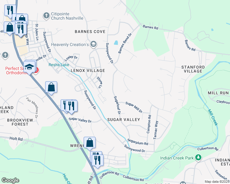 map of restaurants, bars, coffee shops, grocery stores, and more near 7324 Sugarloaf Drive in Nashville
