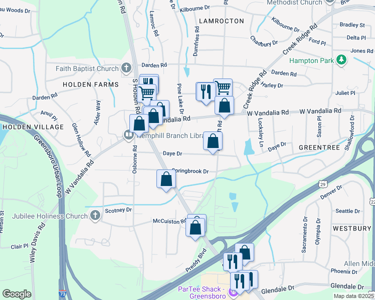 map of restaurants, bars, coffee shops, grocery stores, and more near 3918 Daye Drive in Greensboro