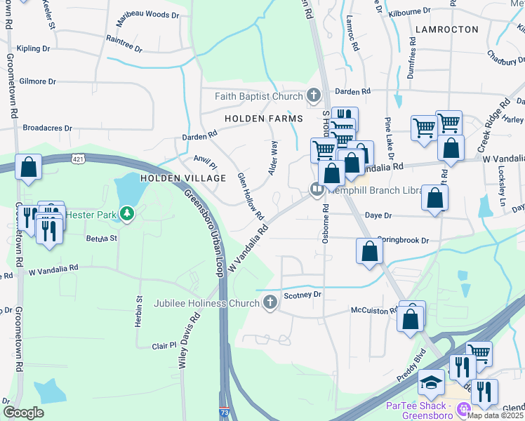 map of restaurants, bars, coffee shops, grocery stores, and more near 3409 Glen Hollow Road in Greensboro
