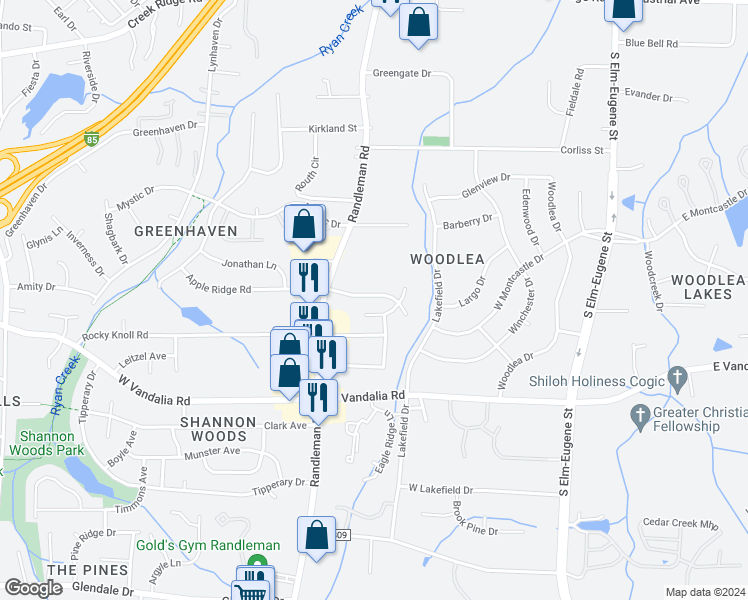 map of restaurants, bars, coffee shops, grocery stores, and more near 307 Apple Ridge Road in Greensboro