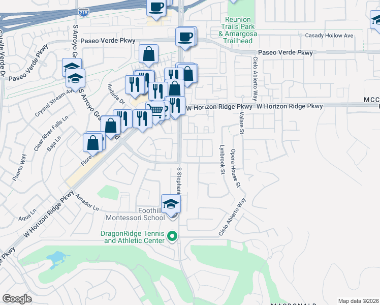 map of restaurants, bars, coffee shops, grocery stores, and more near 268 Paloma Vista Street in Henderson