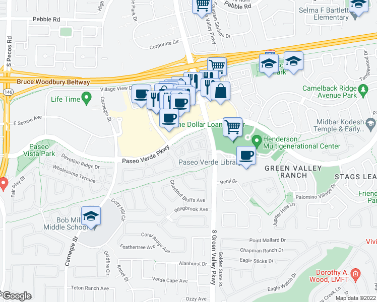 map of restaurants, bars, coffee shops, grocery stores, and more near 251 South Green Valley Parkway in Henderson