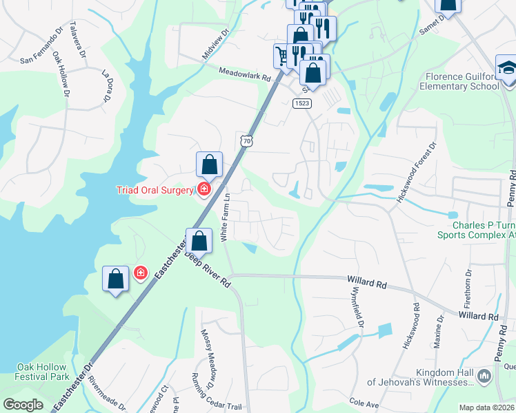 map of restaurants, bars, coffee shops, grocery stores, and more near 3508 Timbergate Lane in High Point