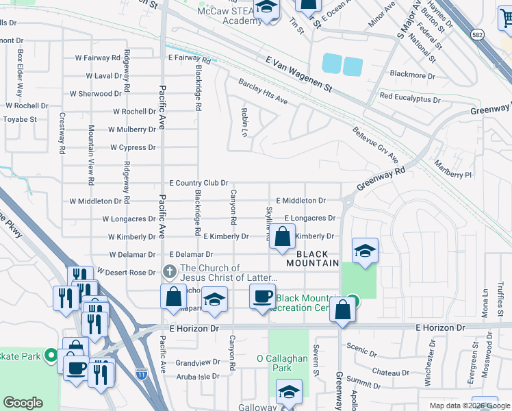 map of restaurants, bars, coffee shops, grocery stores, and more near 271 East Middleton Drive in Henderson
