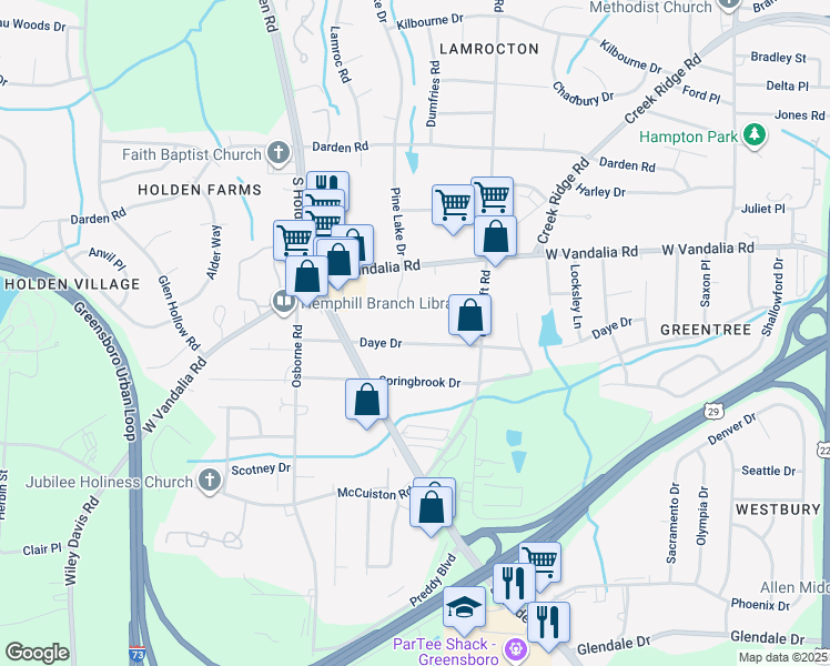map of restaurants, bars, coffee shops, grocery stores, and more near 3918 Daye Drive in Greensboro