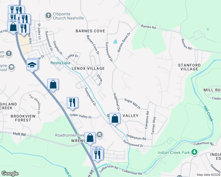 map of restaurants, bars, coffee shops, grocery stores, and more near 7329 Sugarloaf Drive in Nashville
