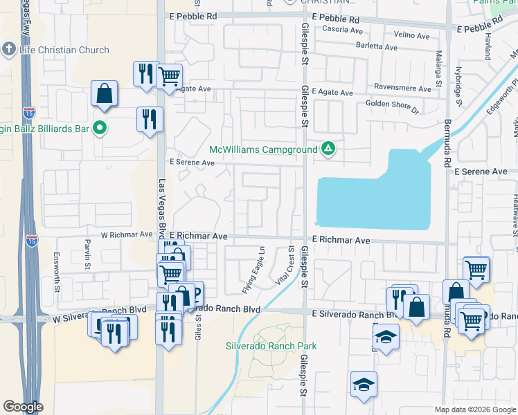 map of restaurants, bars, coffee shops, grocery stores, and more near 114 Arbor Creek Court in Las Vegas