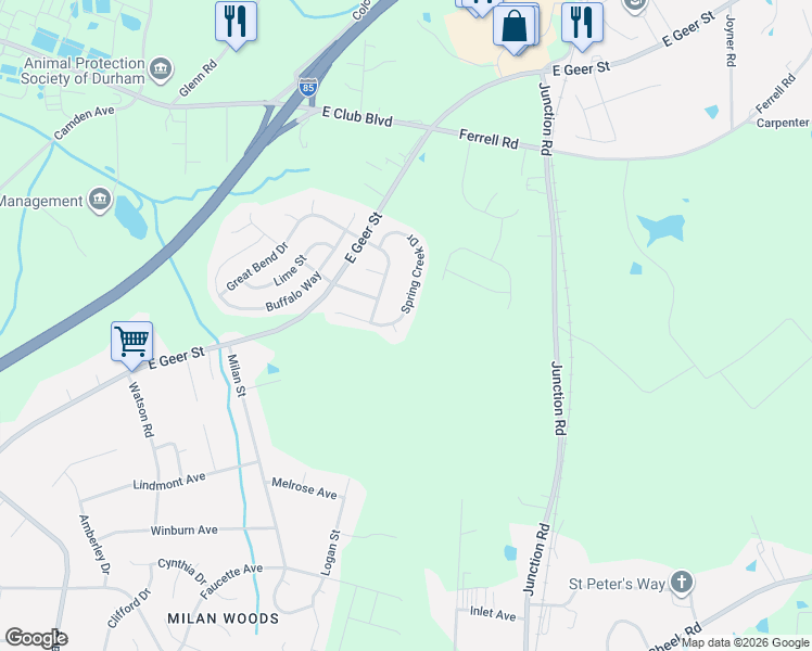map of restaurants, bars, coffee shops, grocery stores, and more near 3 Flatford Court in Durham
