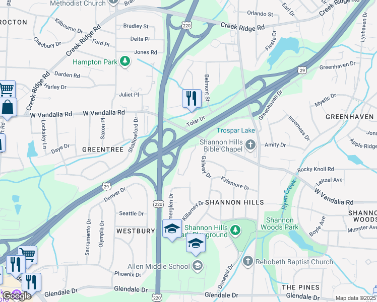 map of restaurants, bars, coffee shops, grocery stores, and more near 2017 Pepperstone Place in Greensboro