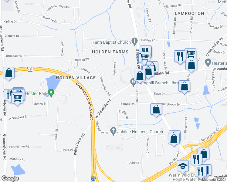 map of restaurants, bars, coffee shops, grocery stores, and more near 4123 Royal Avenue in Greensboro
