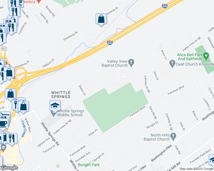 map of restaurants, bars, coffee shops, grocery stores, and more near 3330 Valley View Drive Northeast in Knoxville