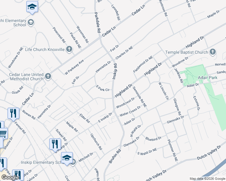 map of restaurants, bars, coffee shops, grocery stores, and more near 1011 Highland Drive in Knoxville