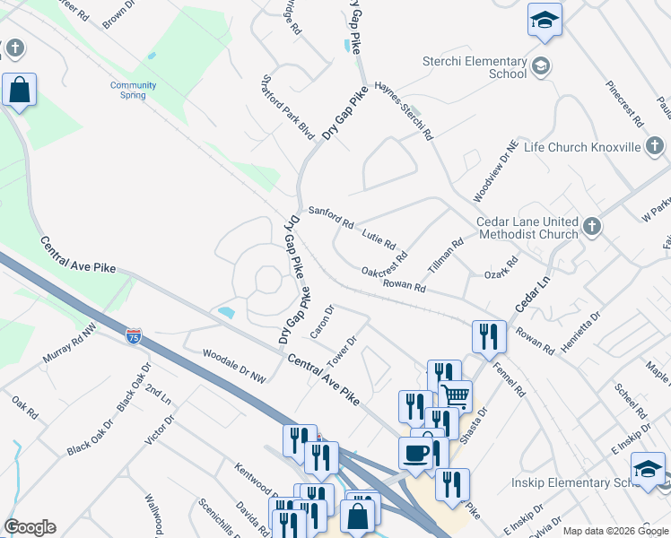 map of restaurants, bars, coffee shops, grocery stores, and more near 5624 Sierra Drive Northeast in Knoxville