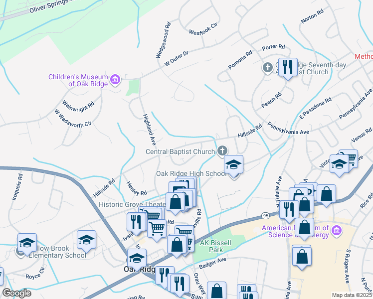 map of restaurants, bars, coffee shops, grocery stores, and more near 124 Hamilton Circle in Oak Ridge