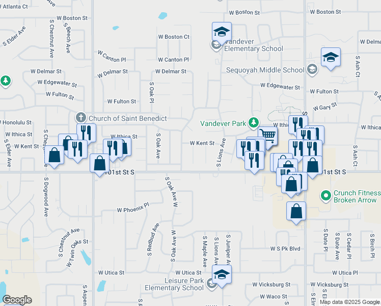 map of restaurants, bars, coffee shops, grocery stores, and more near 3203 South Maple Place in Broken Arrow