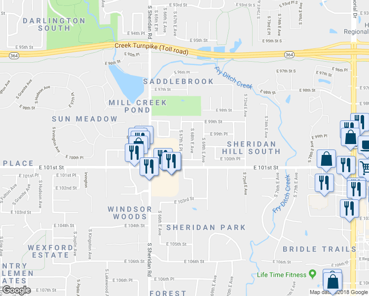 map of restaurants, bars, coffee shops, grocery stores, and more near 10028 South 68th East Avenue in Tulsa