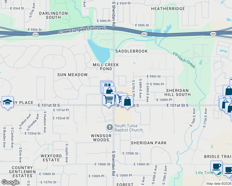 map of restaurants, bars, coffee shops, grocery stores, and more near 10071 South Sheridan Road in Tulsa