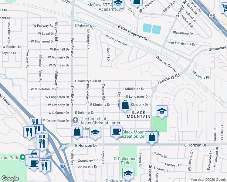 map of restaurants, bars, coffee shops, grocery stores, and more near 271 East Middleton Drive in Henderson
