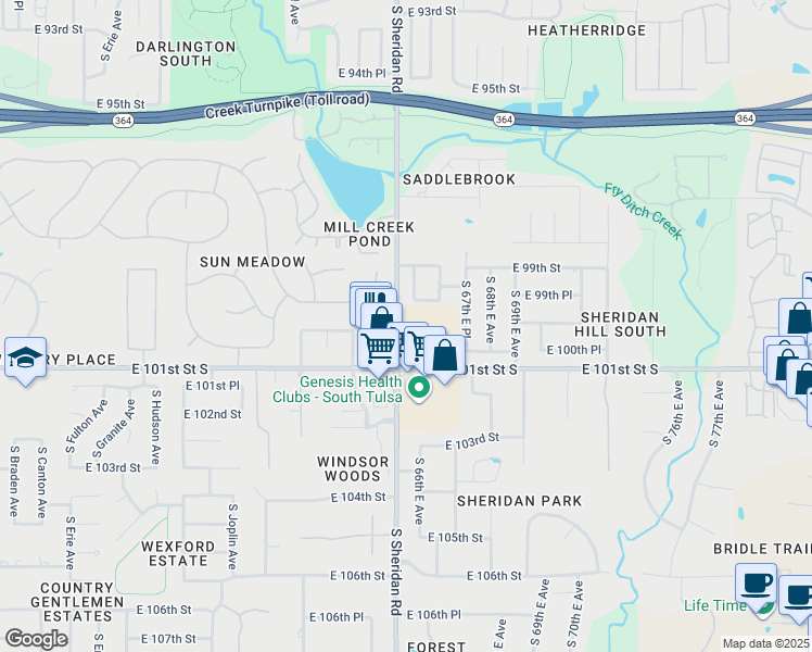 map of restaurants, bars, coffee shops, grocery stores, and more near 10071 South Sheridan Road in Tulsa