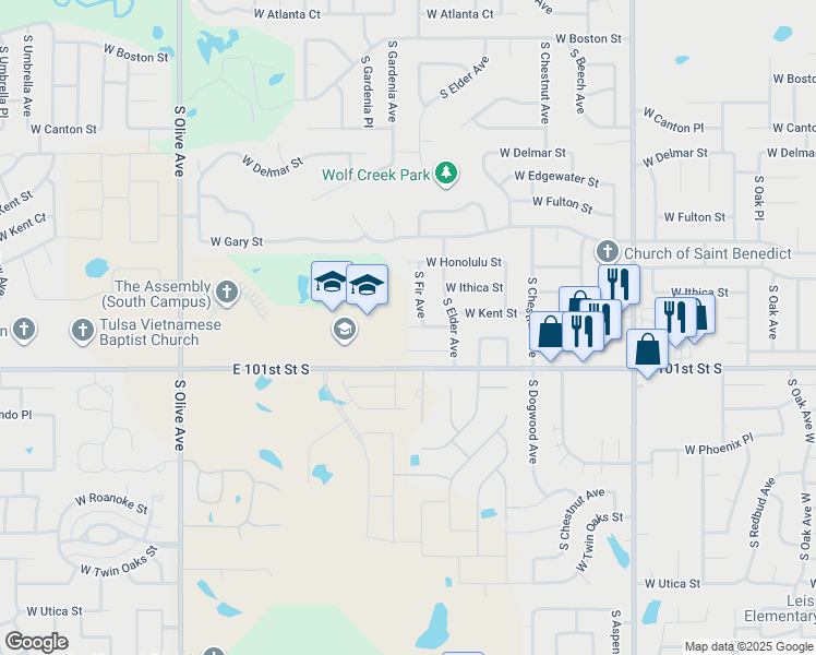 map of restaurants, bars, coffee shops, grocery stores, and more near 2798 West Laredo Street in Broken Arrow