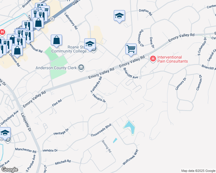 map of restaurants, bars, coffee shops, grocery stores, and more near 204 Elmhurst Drive in Oak Ridge