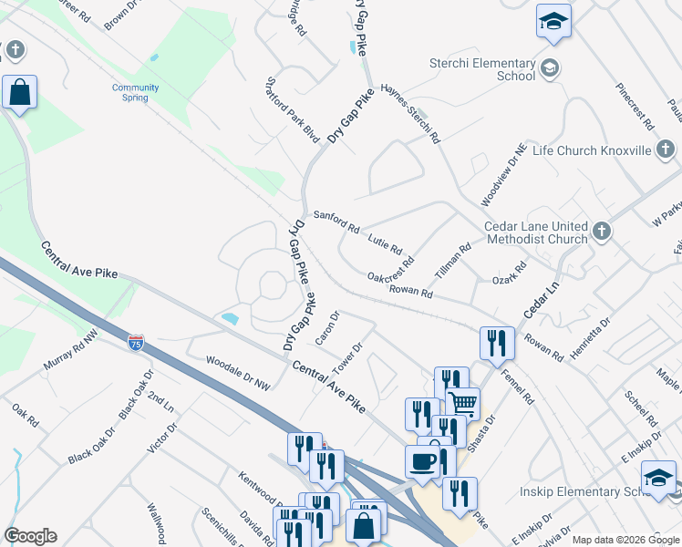 map of restaurants, bars, coffee shops, grocery stores, and more near 5624 Sierra Drive Northeast in Knoxville