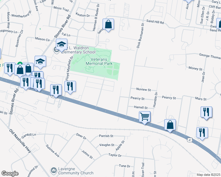 map of restaurants, bars, coffee shops, grocery stores, and more near 3044 George Buchanan in La Vergne