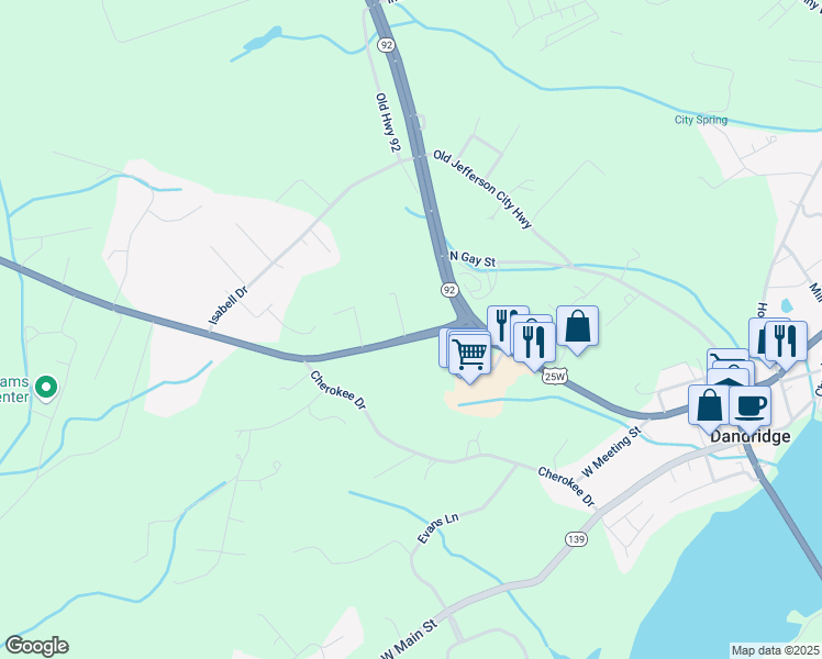 map of restaurants, bars, coffee shops, grocery stores, and more near 157-177 State Highway 66 in Dandridge