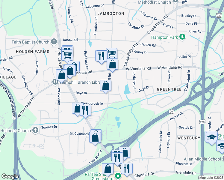 map of restaurants, bars, coffee shops, grocery stores, and more near 3805 Daye Drive in Greensboro