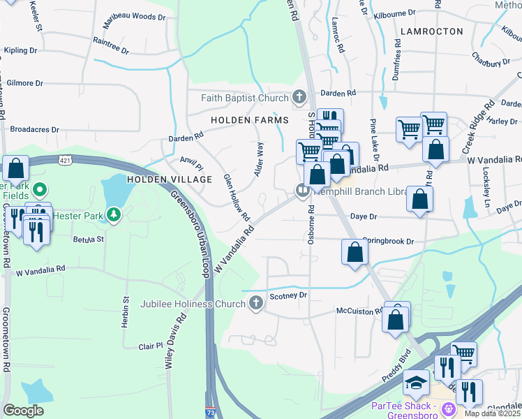 map of restaurants, bars, coffee shops, grocery stores, and more near 2328 West Vandalia Road in Greensboro